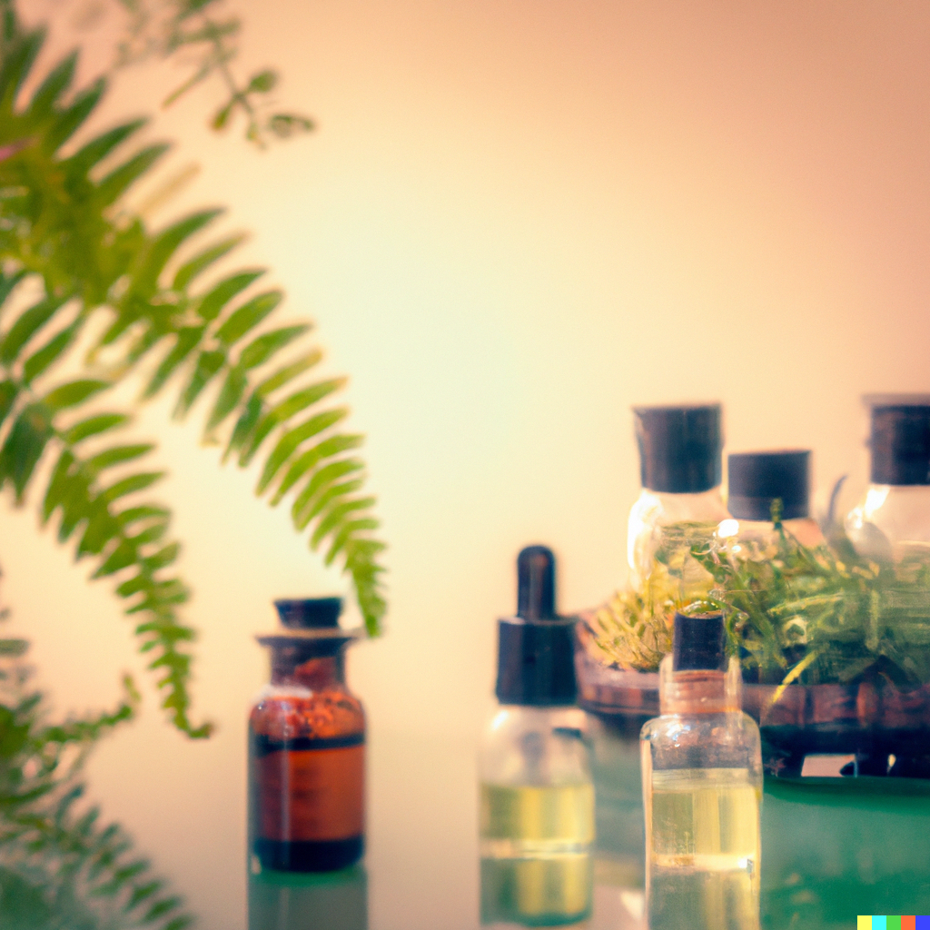 A selection of essential oils displayed with a plant