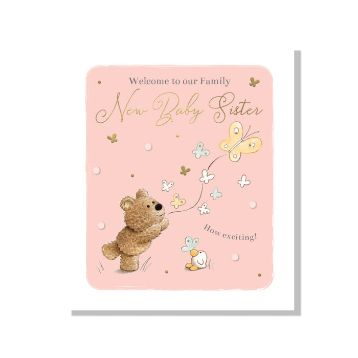 New Baby Sister With Teddy And Butterflies Card - Cards - Bumbletree - Bumbletree