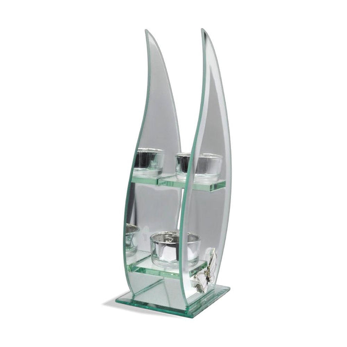 Decorative glass tealight holder with curved teardrop design and the numbers '25' on a mirrored background