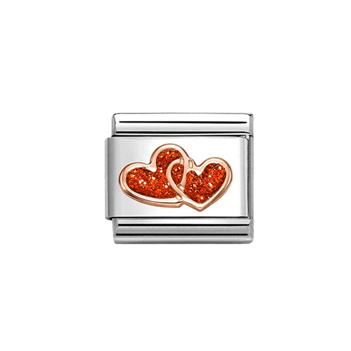 NOMINATION Classic Rose Gold Glitter Double Red Hearts Charm