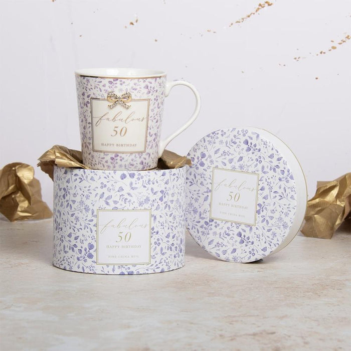 'Fabulous 50' Happy Birthday Floral Fine China Mug - Gifts - Bumbletree - Bumbletree