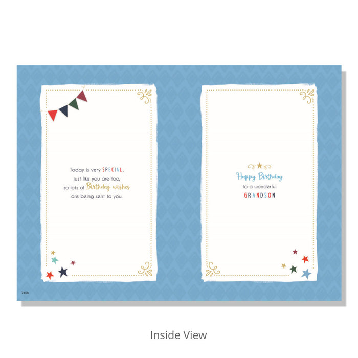 Grandson's Birthday Card With A Cake Design on the front with stars