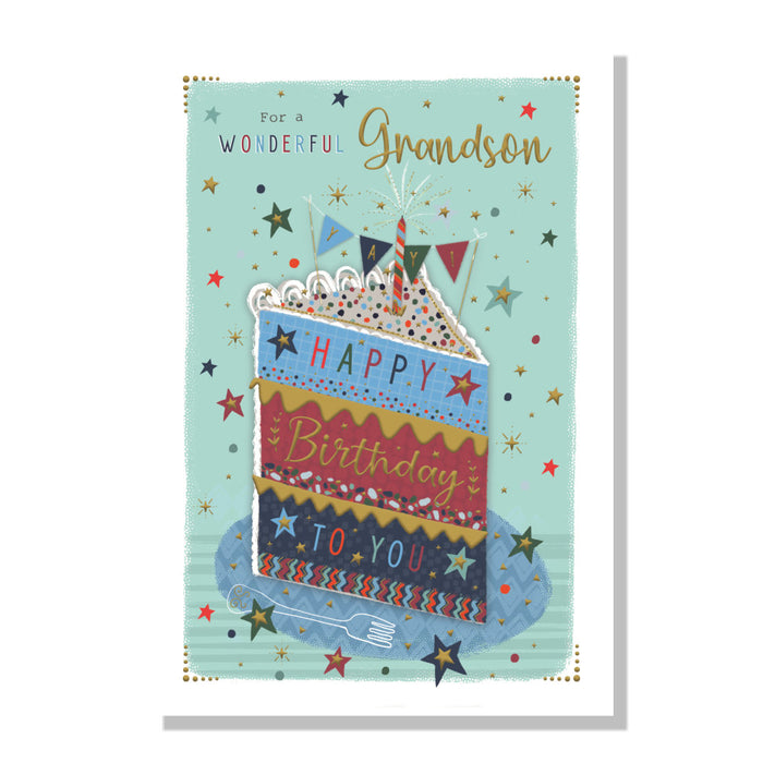 Grandson's Birthday Card With A Cake Design on the front with stars