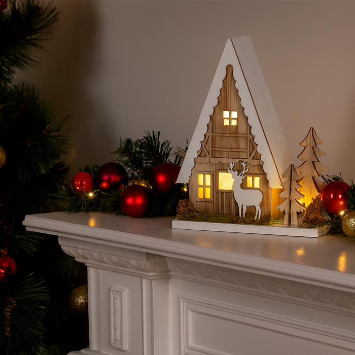 LED Wooden Chalet House & Tree Christmas Ornament - Homeware - Bumbletree - Bumbletree