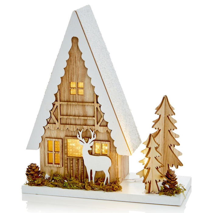 LED Wooden Chalet House & Tree Christmas Ornament - Homeware - Bumbletree - Bumbletree