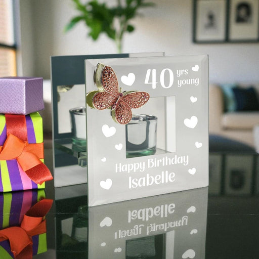 Personalised 40th Birthday - Mirrored Tealight Holder with Pink Crystal Butterfly - Home Fragrance - Bumbletree - Bumbletree