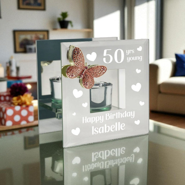 Personalised 50th Birthday - Mirrored Tealight Holder with Pink Crystal Butterfly - Home Fragrance - Bumbletree - Bumbletree