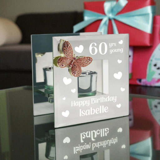 Personalised 60th Birthday - Mirrored Tealight Holder with Pink Crystal Butterfly - Home Fragrance - Bumbletree - Bumbletree