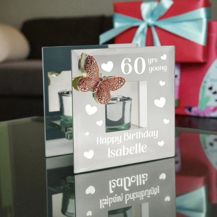 Personalised 60th Birthday - Mirrored Tealight Holder with Pink Crystal Butterfly - Home Fragrance - Bumbletree - Bumbletree