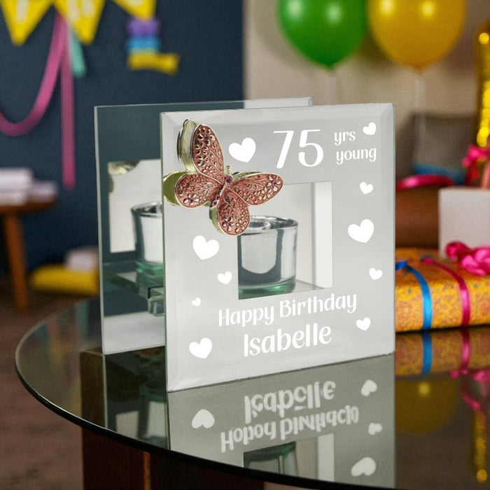 Personalised 75th Birthday - Mirrored Tealight Holder with Pink Crystal Butterfly - Home Fragrance - Bumbletree - Bumbletree