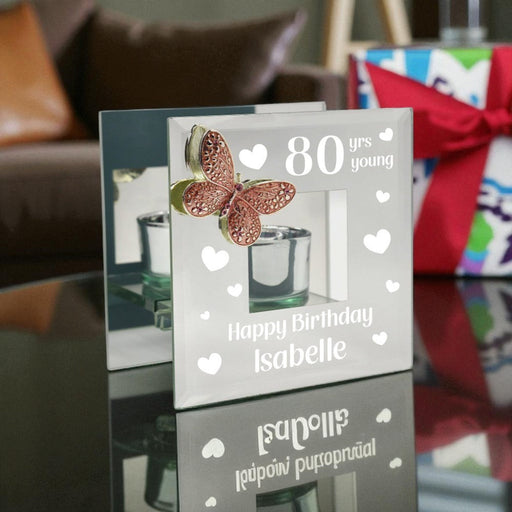 Personalised 80th Birthday - Mirrored Tealight Holder with Pink Crystal Butterfly - Home Fragrance - Bumbletree - Bumbletree