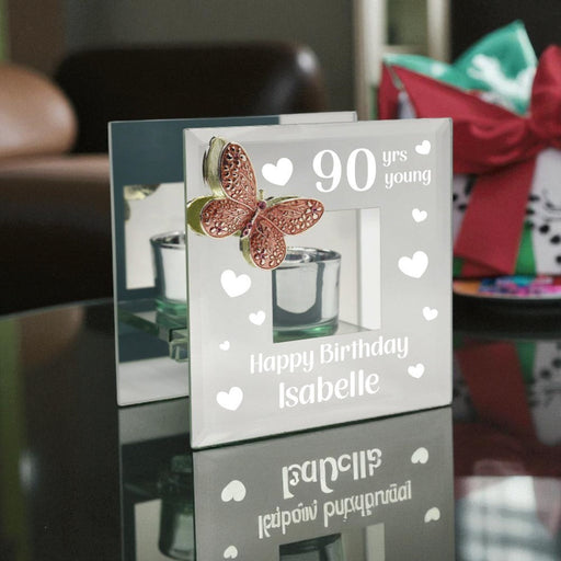 Personalised 90th Birthday - Mirrored Tealight Holder with Pink Crystal Butterfly - Home Fragrance - Bumbletree - Bumbletree