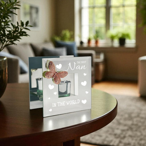 The Best Nan - Mirrored Pink Crystal Butterfly Tealight Holder - Home Fragrance - Bumbletree - Bumbletree