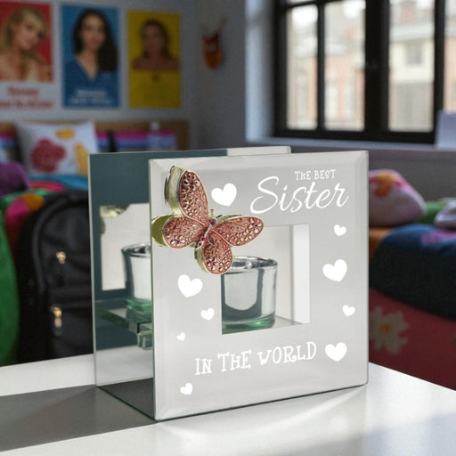 The Best Sister - Mirrored Pink Crystal Butterfly Tealight Holder - Home Fragrance - Bumbletree - Bumbletree