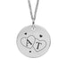 Silver necklace with a round pendant featuring interlocking hearts with initials 'A' and 'T'. Initials can be personalised.