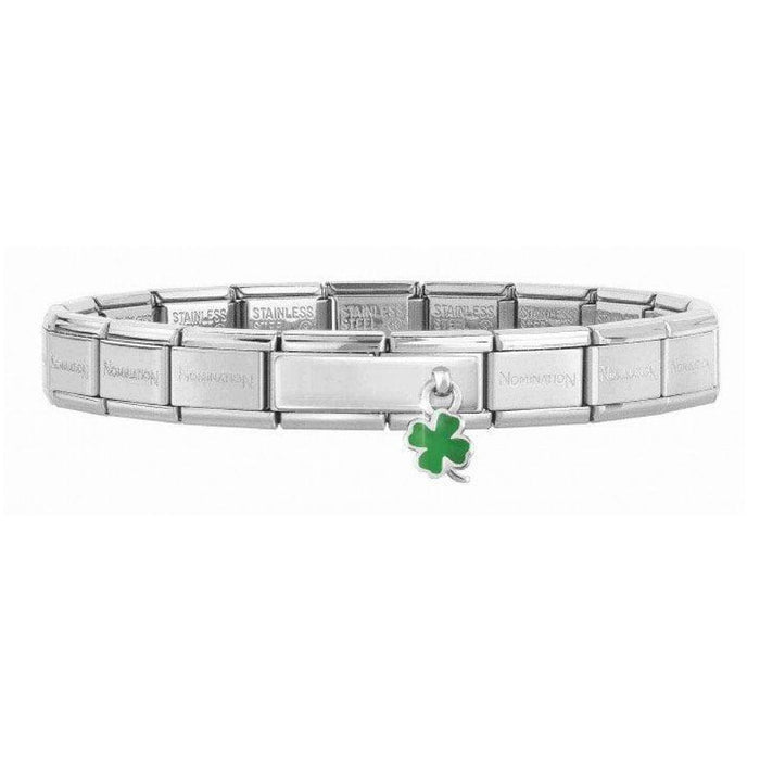 NOMINATION Classic Silver Plate with Green Four Leaf Clover Double Drop Charm - z. Nomination Outlet - Nomination Outlet - Bumbletree