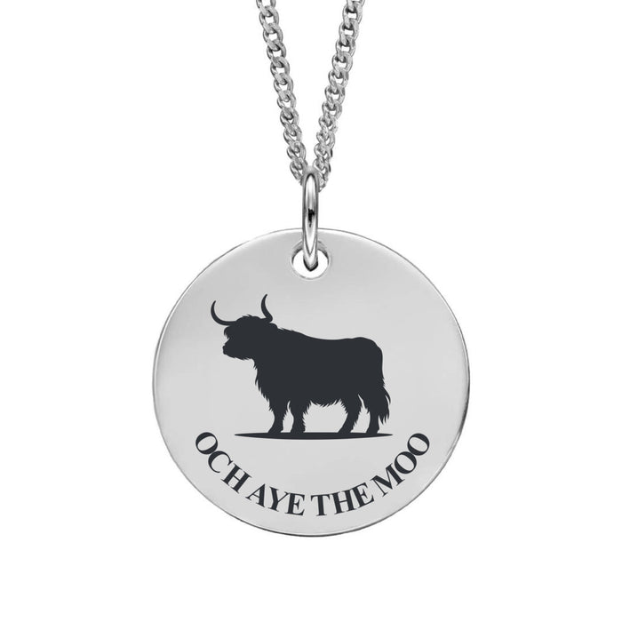 Silver necklace with a round pendant featuring a black silhouette of a highland cow and text on a white background.