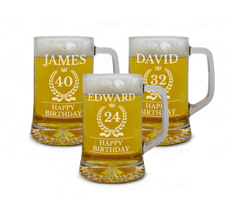 'Happy Birthday' Name & Age Personalised Glass Beer Tankard - Gifts - Bumbletree - Bumbletree