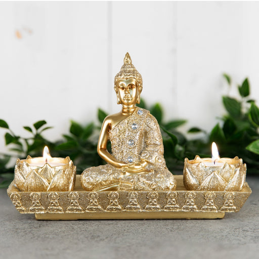 GOLD THAI BUDDHA DOUBLE TEALIGHT HOLDER FIGURINE 14CM - Bumbletree Ltd