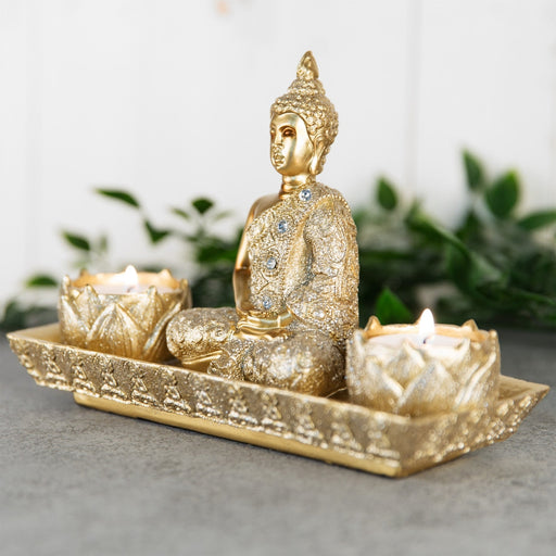 GOLD THAI BUDDHA DOUBLE TEALIGHT HOLDER FIGURINE 14CM - Bumbletree Ltd