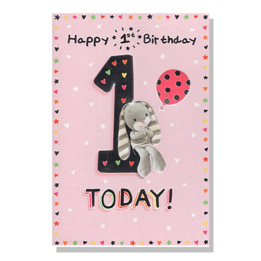 Age 1st Girl Birthday Card With Bunny And Balloon Design - Bumbletree