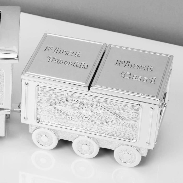 SILVER PLATED TRAIN MONEY BOX & TOOTH/CURL CARRIAGE - Bumbletree Ltd