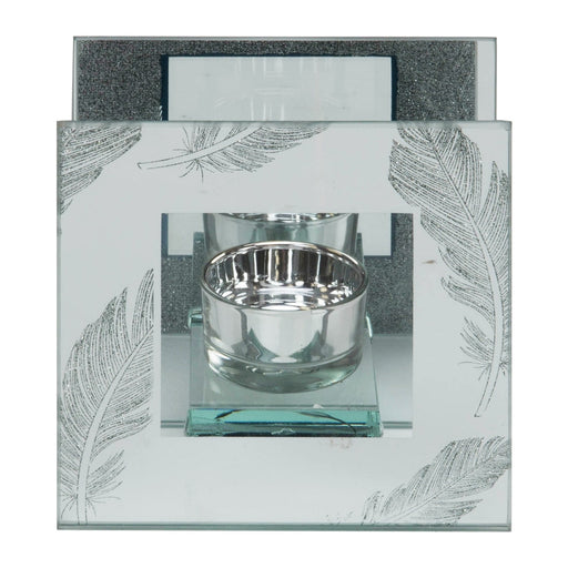 SILVER GLITTER FEATHER GLASS TEALIGHT HOLDER BOX - Bumbletree Ltd