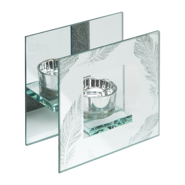 SILVER GLITTER FEATHER GLASS TEALIGHT HOLDER BOX - Bumbletree Ltd