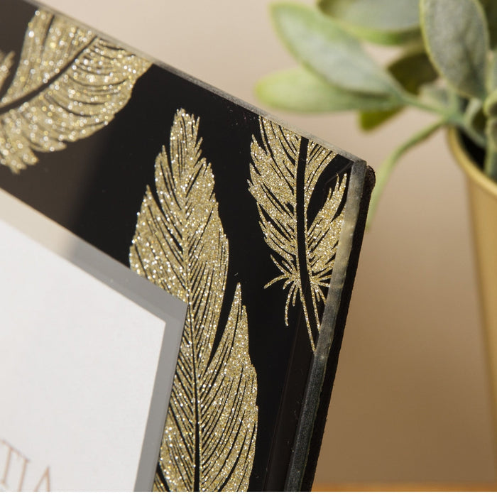 4" X 4" - BLACK & GOLD GLITTER FEATHER PHOTO FRAME - Bumbletree Ltd