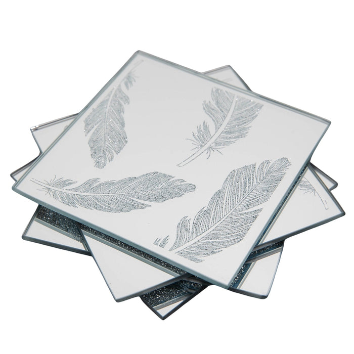 SET OF 4 MIRROR GLASS COASTERS WITH GLITTER FEATHERS - Bumbletree Ltd