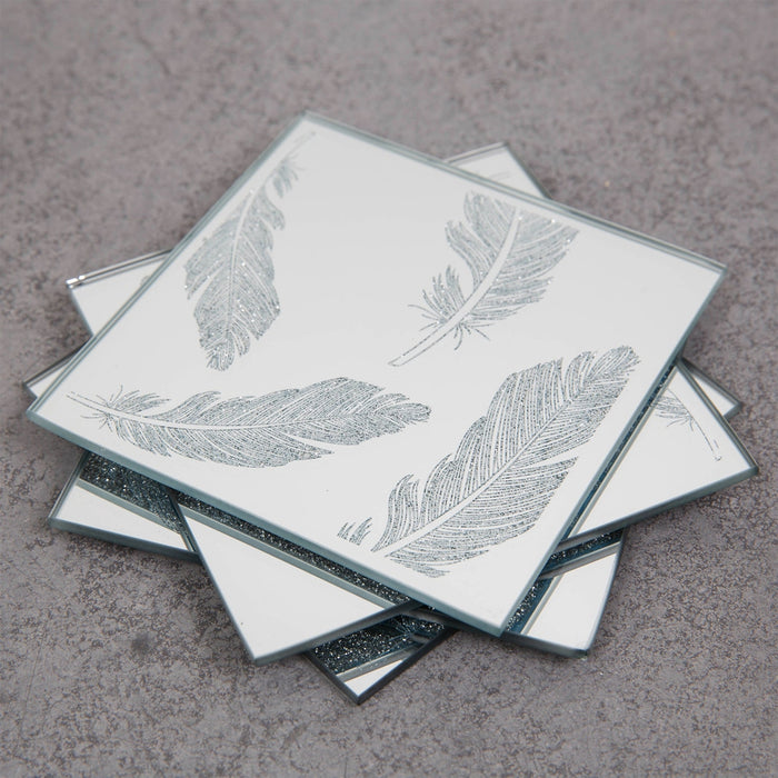 SET OF 4 MIRROR GLASS COASTERS WITH GLITTER FEATHERS - Bumbletree Ltd