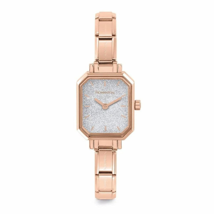 NOMINATION Paris Classic Rose Gold Plated & Rectangular Silver Glitter Dial Watch - Bumbletree Ltd