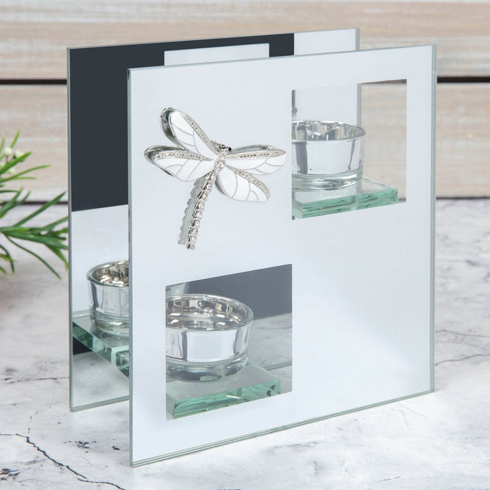 MIRROR GLASS DOUBLE TEALIGHT HOLDER WITH DRAGONFLY - Bumbletree Ltd