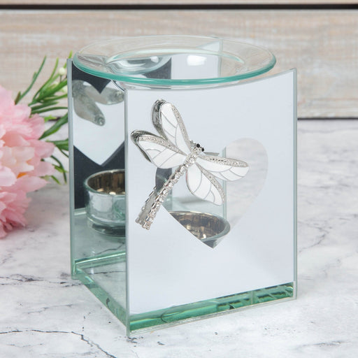 MIRROR GLASS TEALIGHT OIL BURNER WITH DRAGONFLY - Bumbletree Ltd
