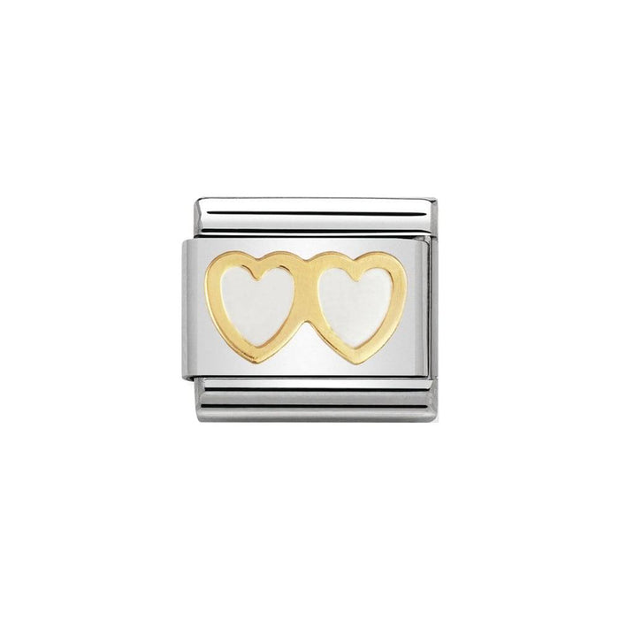 NOMINATION Classic Gold & White Double Heart Charm - Bumbletree Ltd