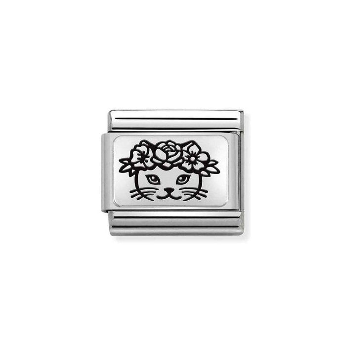 NOMINATION Classic Silver Cat with Flowers Charm - Bumbletree Ltd